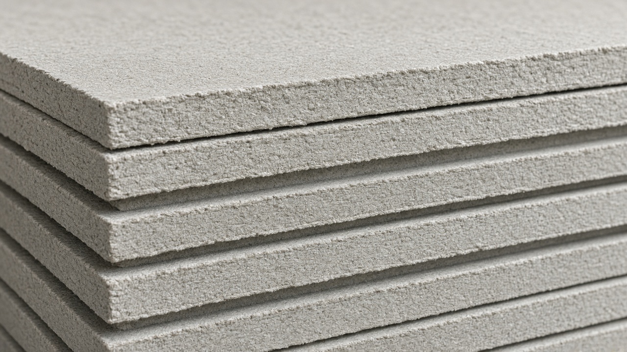 Stacked chalk-fibre boards with a shallow horizontal groove.