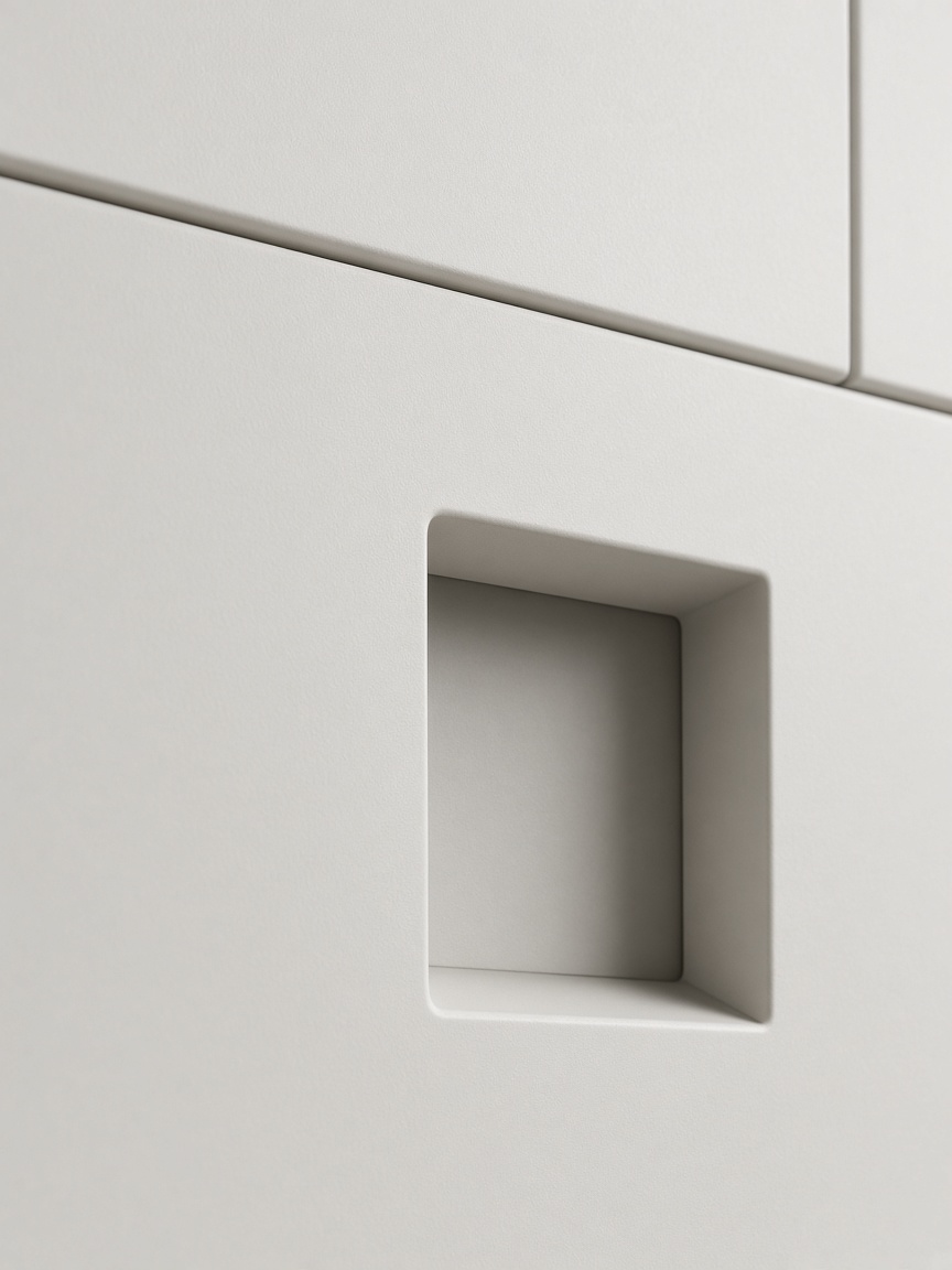 Bone-white polymer panel with a recessed square window.